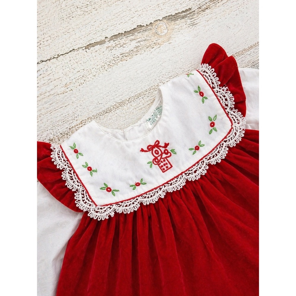 Vintage Baby Togs 12M Red Velvet Dress Embroidered - Holiday -  Girl - Picture 3 of 4